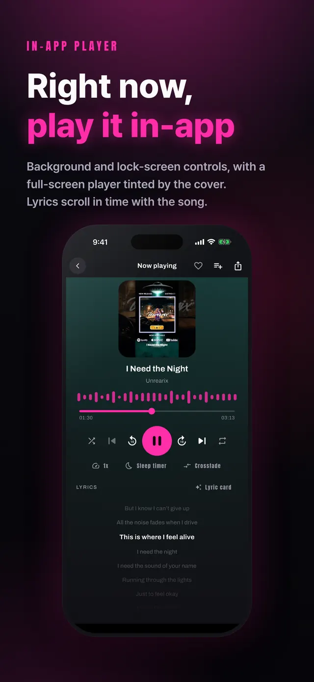 Full-screen player with time-synced lyrics